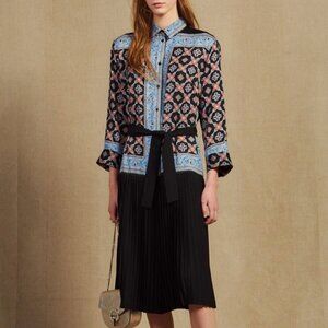New Sandro Joel Tribal Print Pleated Midi Shirtdress Black 38, 6 $445